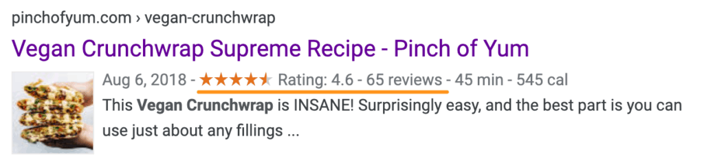 Google Search result for 'vegan crunchwrap supreme' with the ratings underlined