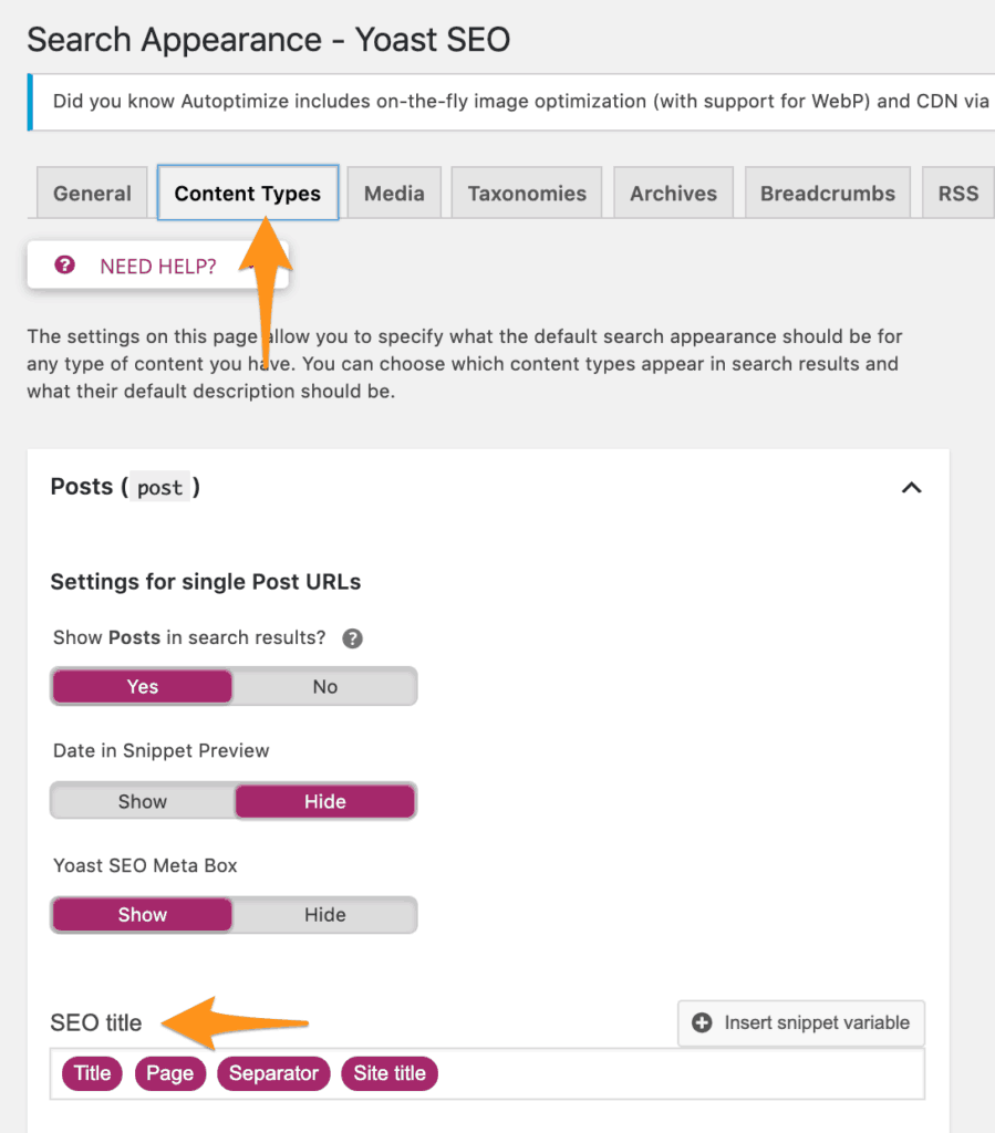 A screenshot of the Content Types in Yoast SEO