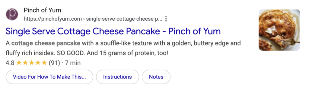 A screenshot of a rich snippet for Pinch of Yum's Single Service Cottage Cheese Pancake recipe