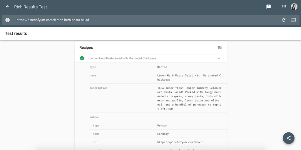 output of Google's Rich Results Test for a recipe