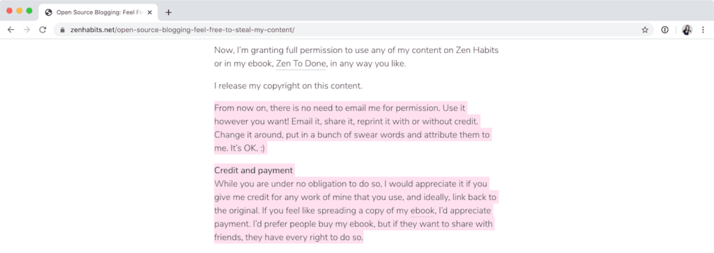A highlighted section of an article on Zen Habits about copyrights