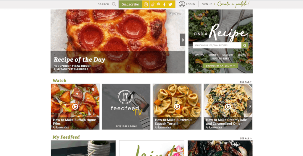 The home page for The Feed Feed featuring photos of food