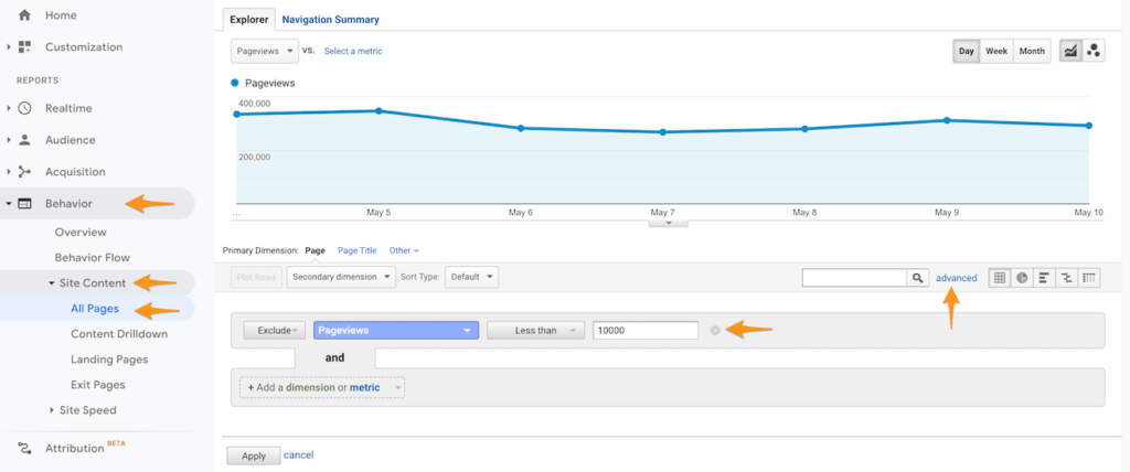 A screenshot of Google Analytics with arrows showing how to exclude posts using Advanced filtering