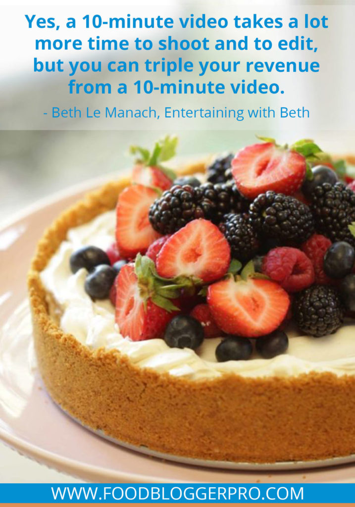 A quote from Beth Le Manach’s appearance on the Food Blogger Pro podcast that says, 'Yes, a 10-minute video takes a lot more time to shoot and to edit, but you can triple your revenue from a 10-minute video.'