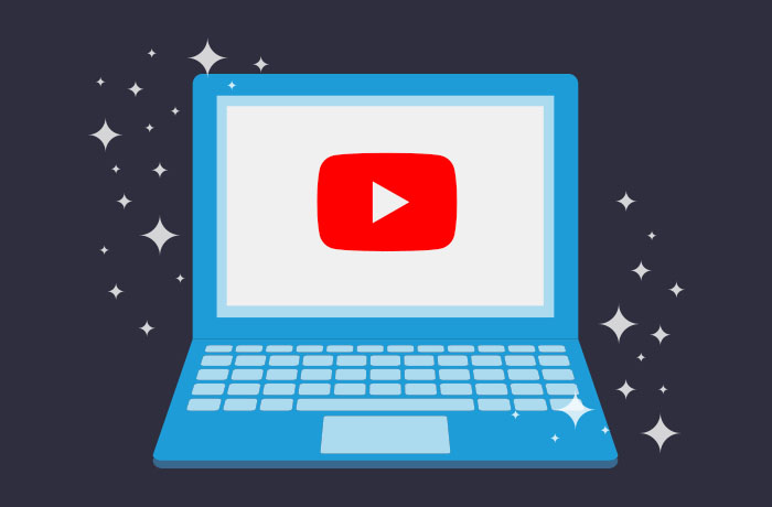 Graphic of blue laptop in front of a navy background with the YouTube logo on the screen