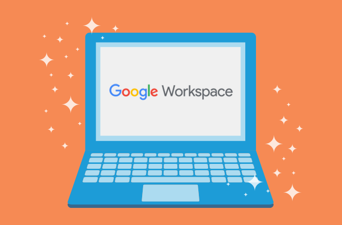 Orange background with blue laptop graphic with the Google Workspace logo displayed on the screen