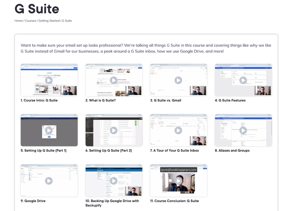 A screenshot of the 11 lesson videos in Food Blogger Pro's G Suite course