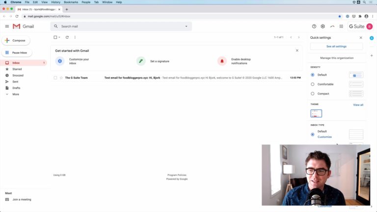 Bjork giving a tour of the G Suite inbox for the G Suite Food Blogger Pro course