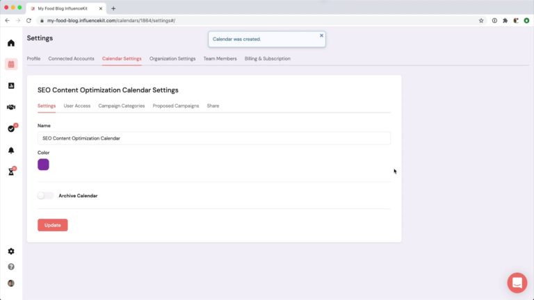 the calendar settings screen on InfluenceKit