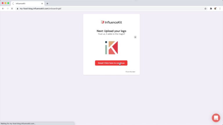 a screen in the InfluenceKit signup flow asking the user to upload their logo