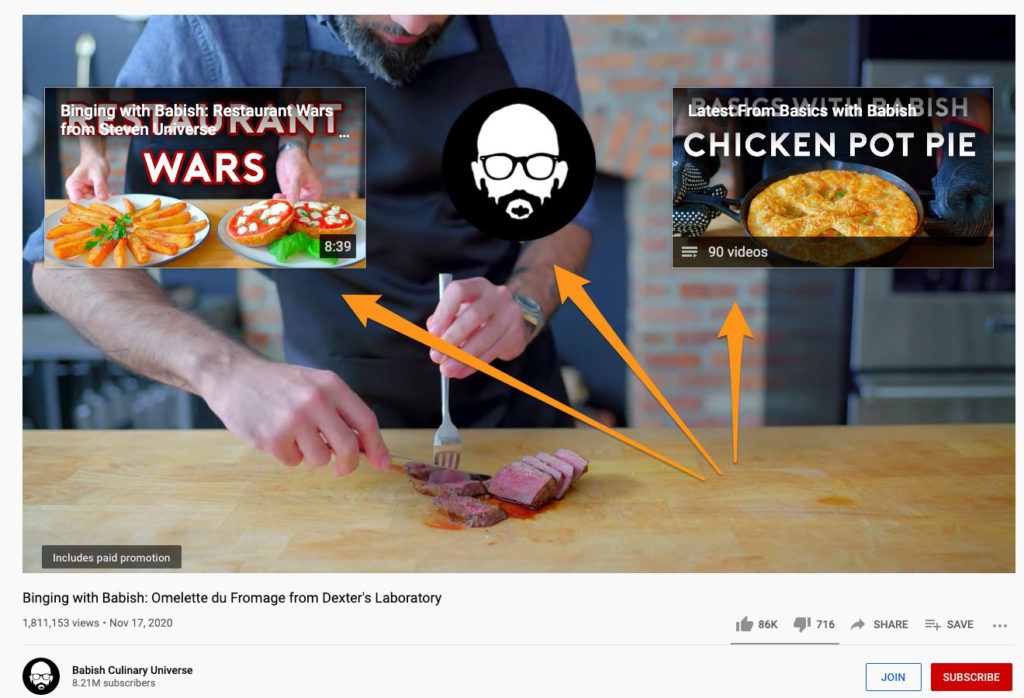 Screenshot of video from the Babish Culinary Universe YouTube channel with arrows pointing to elements in the end screen (including video, playlist, and channel icon)