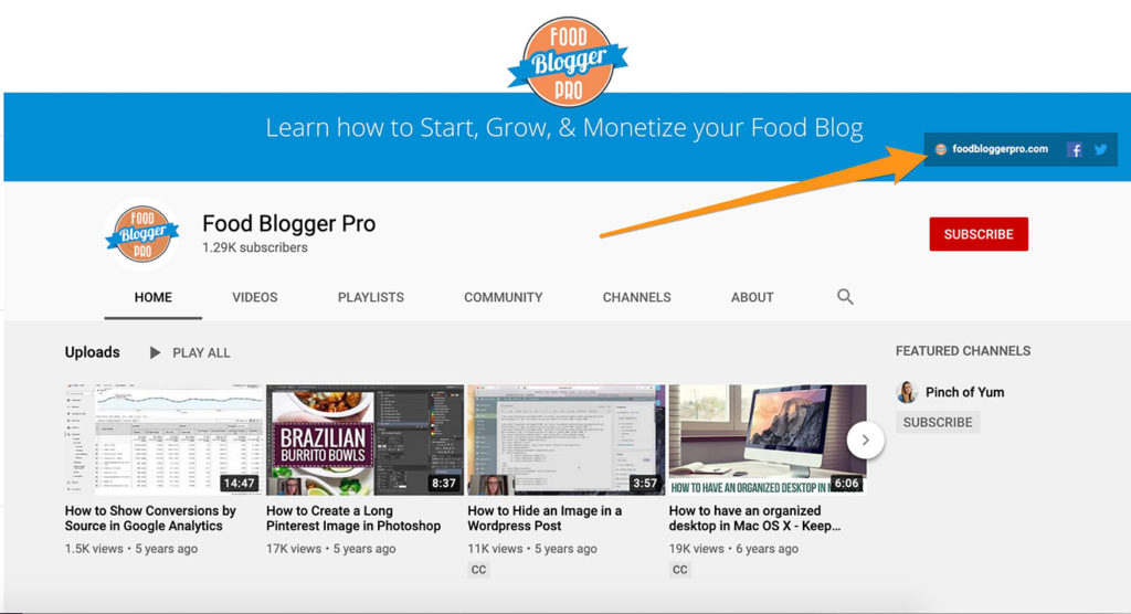 Food Blogger Pro YouTube channel with arrow pointing to the featured links