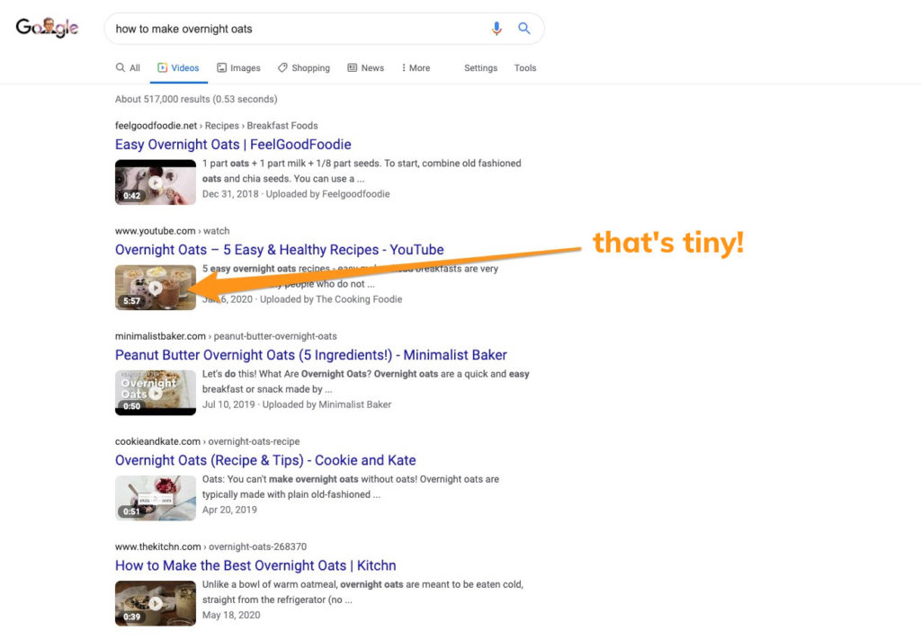 Google search result for 'how to make overnight oats' with arrow pointing to a video thumbnail that reads 'That's tiny!'