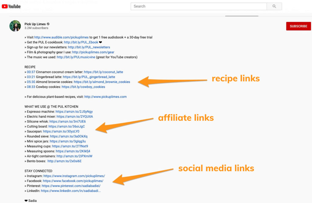 Screenshot of Pick Up Limes video description box with arrows pointing to recipe links, affiliate links, and social media links