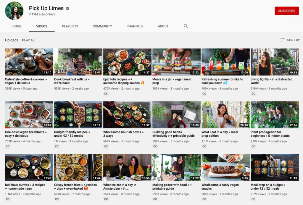 Screenshot of Pick Up Limes YouTube channel with various video thumbnails shown