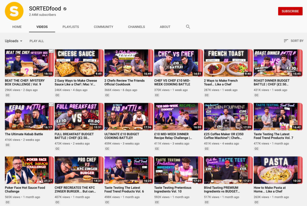 Screenshot of SORTEDfood YouTube channel with various video thumbnails shown