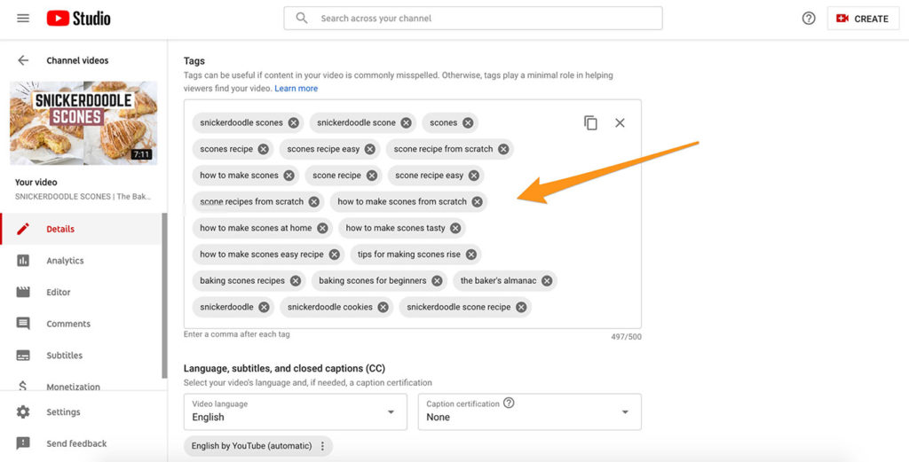 Screenshot of YouTube video editor with arrow pointing to the tags area