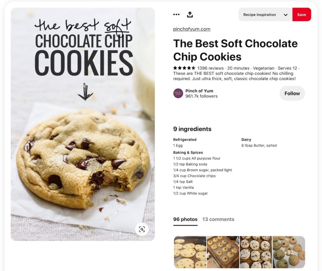 A screenshot of a Pin from Pinch of Yum for The Best Soft Chocolate Chip Cookies recipe