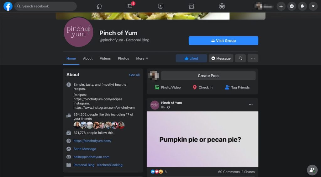 Pinch of Yum's Facebook page