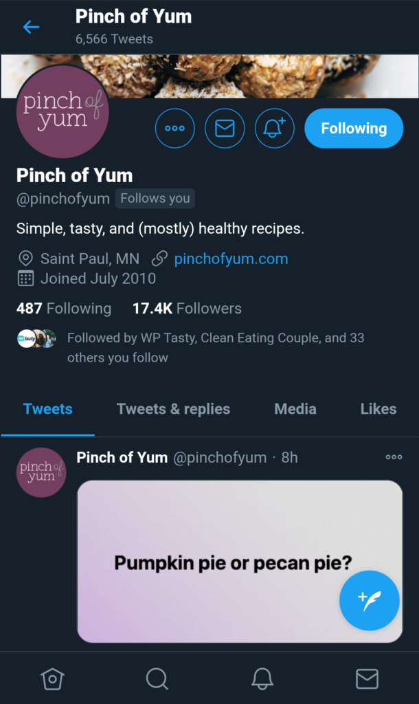 Pinch of Yum's Twitter account