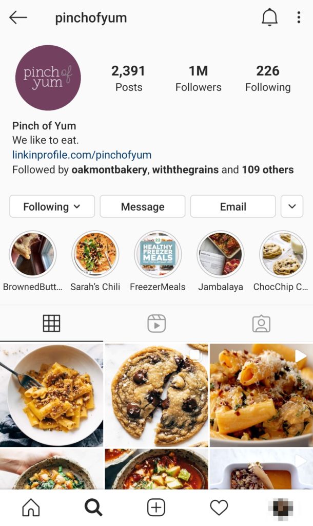 Pinch of Yum's Instagram account