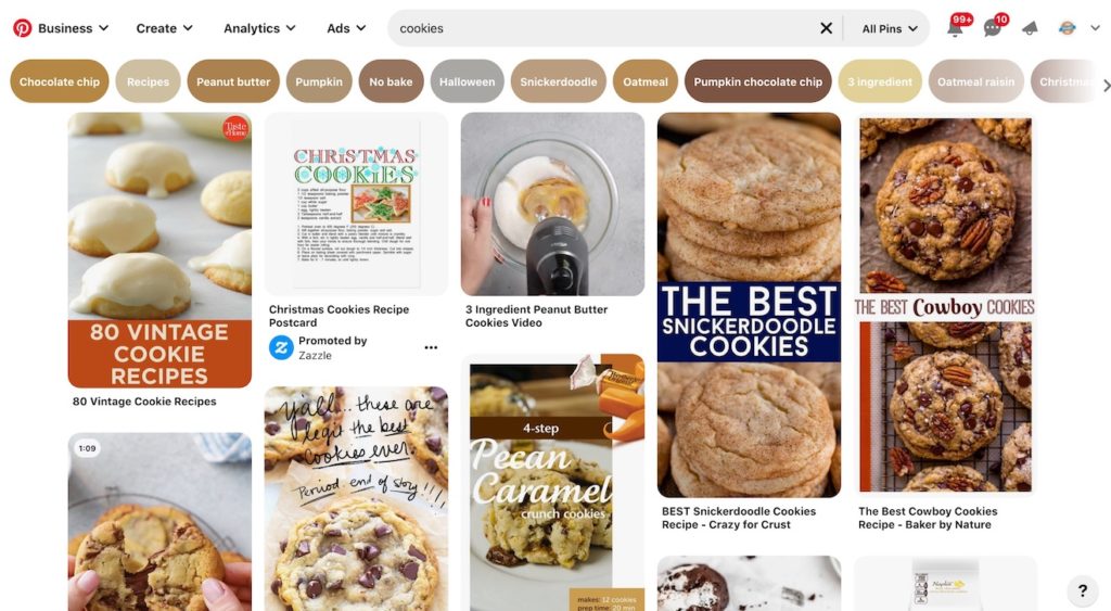a search for the term 'cookies' on Pinterest