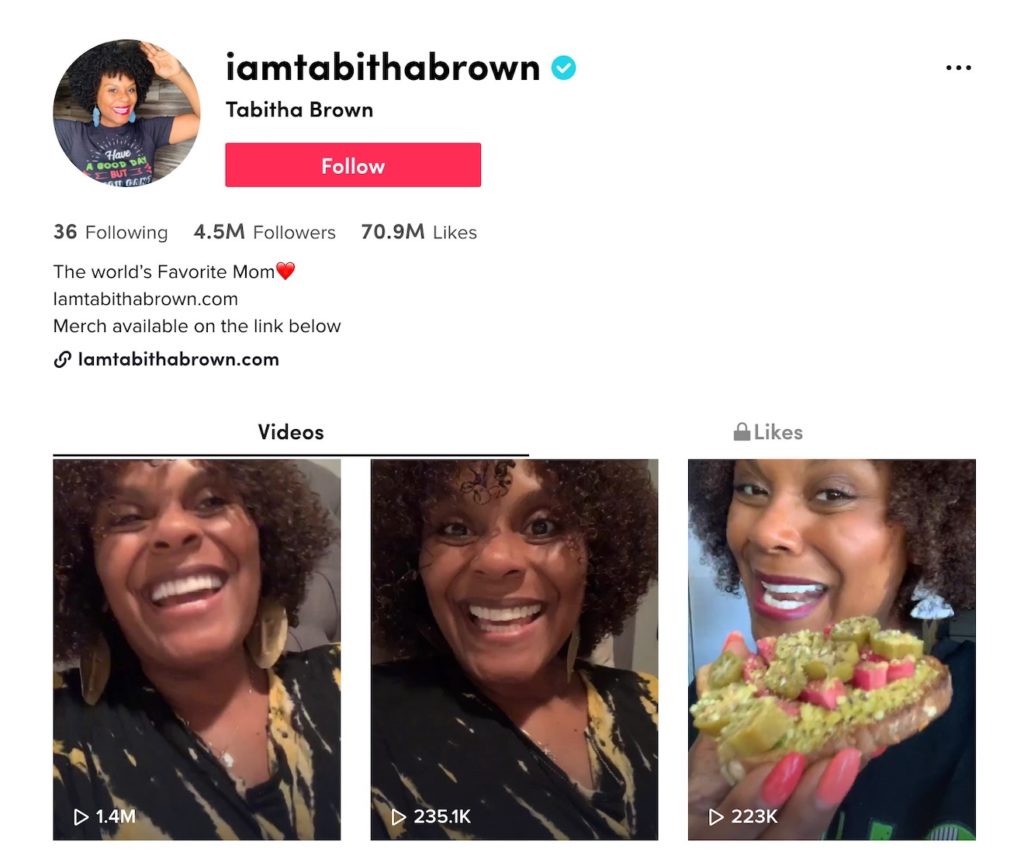 a screenshot of Tabitha Brown's TikTok feed