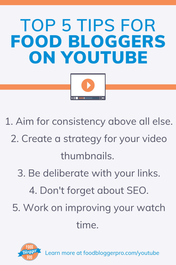 Grey, orange, and blue graphic that reads 'Top 5 Tips for Food Bloggers on YouTube' with tips outlined below it