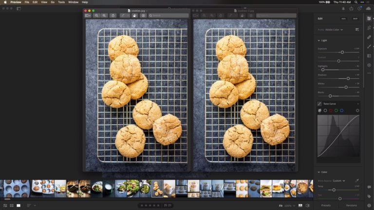 Screenshot of Lightroom and two cookie images saved at different sizes