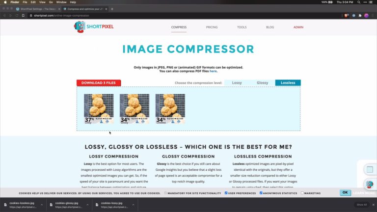Screenshot of ShortPixel image compressor with three images uploaded at various settings