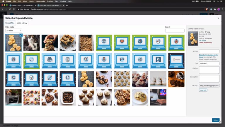Screenshot of image uploader on WordPress with various images in the media library shown