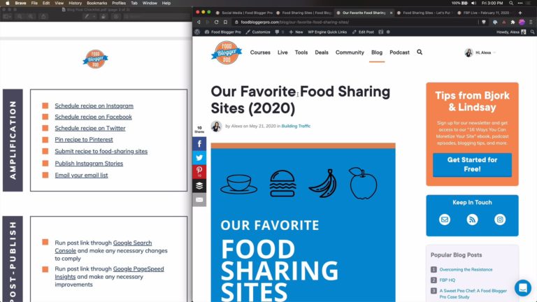Screenshot of Blog Post Checklist next to a Food Blogger Pro blog post called 'Our Favorite Food Sharing Sites (2020'