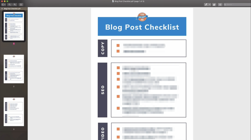 Blog Post Checklist on Food Blogger Pro with items blurred out