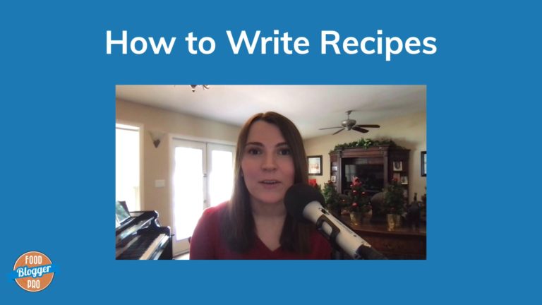 Blue slide with photo of Leslie Jeon that reads 'How to Write Recipes'