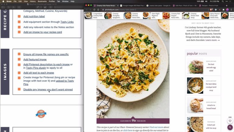 Screenshot of Blog Post Checklist next to a Pinch of Yum blog post featuring Creamy Kale Pasta