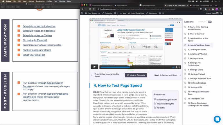 Screenshot of Blog Post Checklist next to a Food Blogger Pro course called 'How to Test Page Speed'