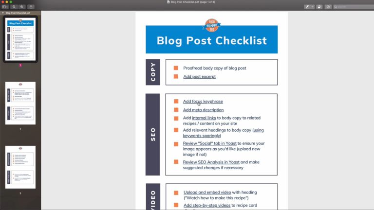 Screenshot of Blog Post Checklist created by Food Blogger Pro