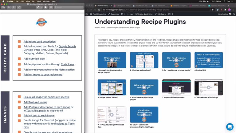 Screenshot of Blog Post Checklist next to the Food Blogger Pro Understanding Recipe Plugins course overview page