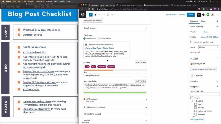 Screenshot of Blog Post Checklist next to the Yoast SEO area for a Pinch of Yum blog post