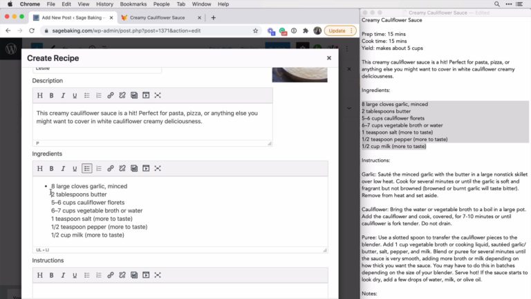 Screenshot of Tasty Recipes editor next to a recipe written out