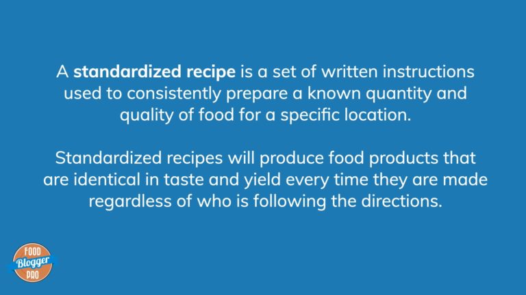 Blue slide with the definition of a standardized recipe and the Food Blogger Pro logo