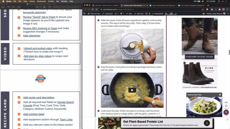 Screenshot of Blog Post Checklist next to a Pinch of Yum recipe card with step-by-step videos