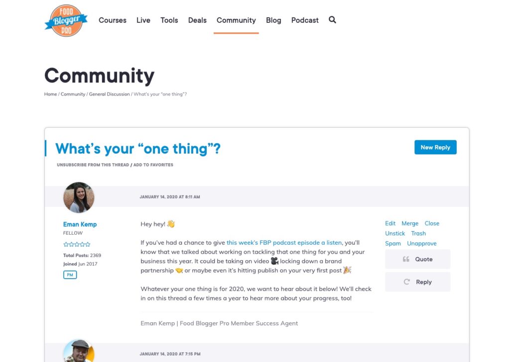 Screenshot of a thread in the Food Blogger Pro community forum