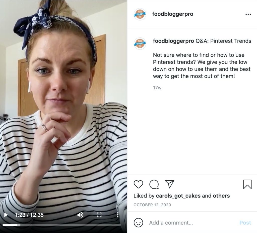 Screenshot of Food Blogger Pro Instagram Live about Pinterest Trends 