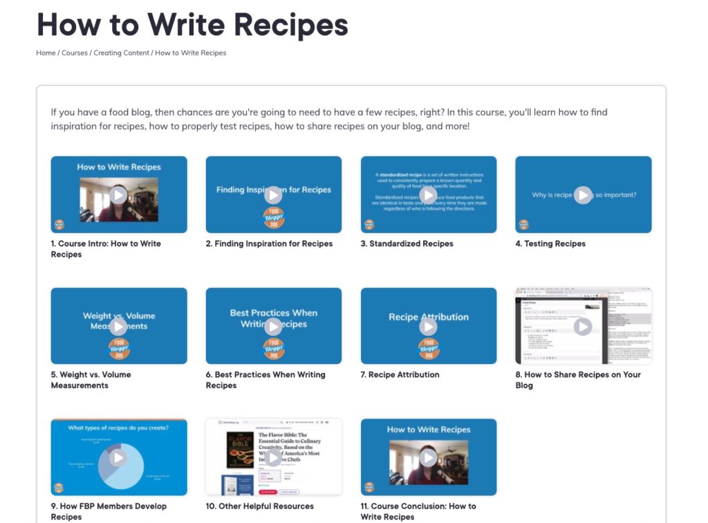 Screenshot of How to Write Recipes course on Food Blogger Pro