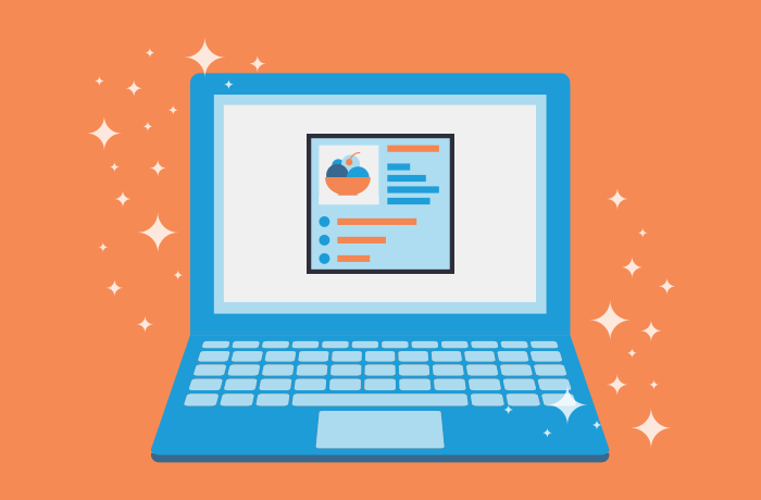 Orange background with blue laptop graphic with a recipe graphic displayed on the screen