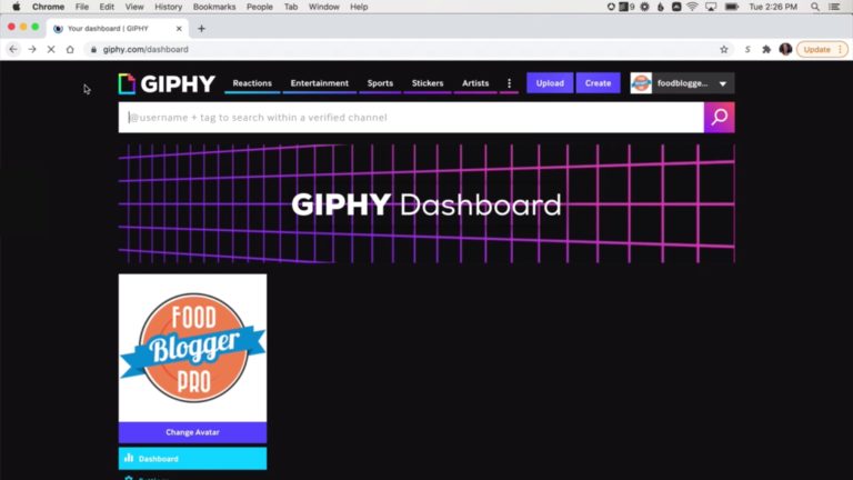 Screenshot of GIPHY dashboard with Food Blogger Pro GIF