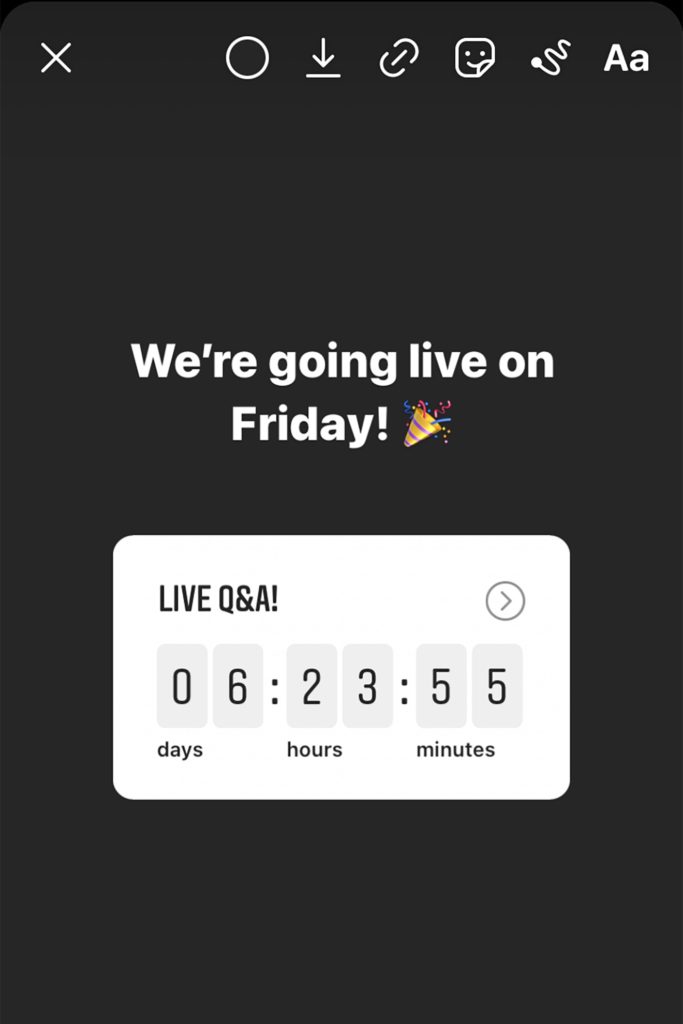 Screenshot of Instagram Story with countdown reminder that reads 'We're going live on Friday!'