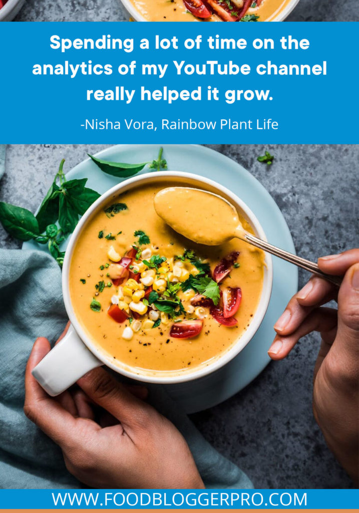 A quote from Nisha Vora’s appearance on the Food Blogger Pro podcast that says, 'Spending a lot of time on the analytics of my YouTube channel really helped it grow.'
