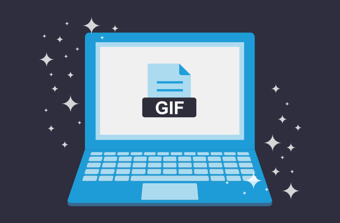 Blue laptop in front of a dark background with an icon of a document that reads 'GIF'